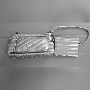 Think Royln Silver Bank Street XL Quilted Puffer Crossbody With Extra Pouch NWOT